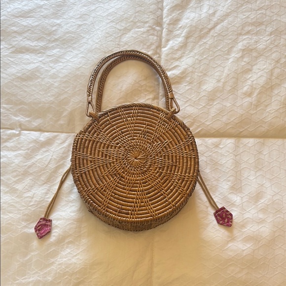 Round Woven Tan Bag Handcrafted in Bali - Picture 1 of 5